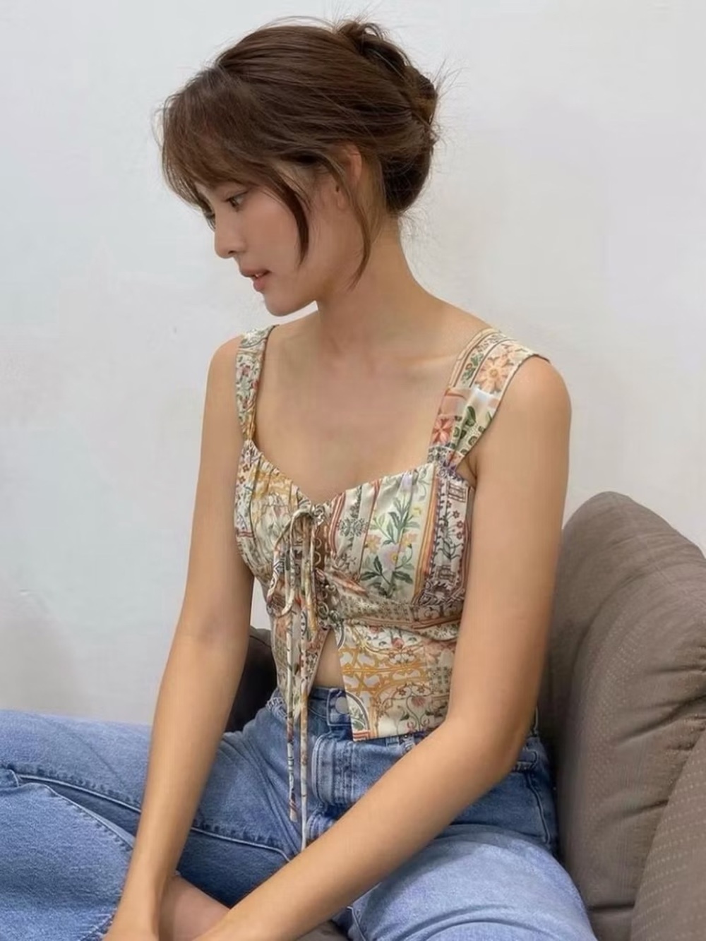 Mitr Thai Floral Patchwork Tie-Front Crop Top XS